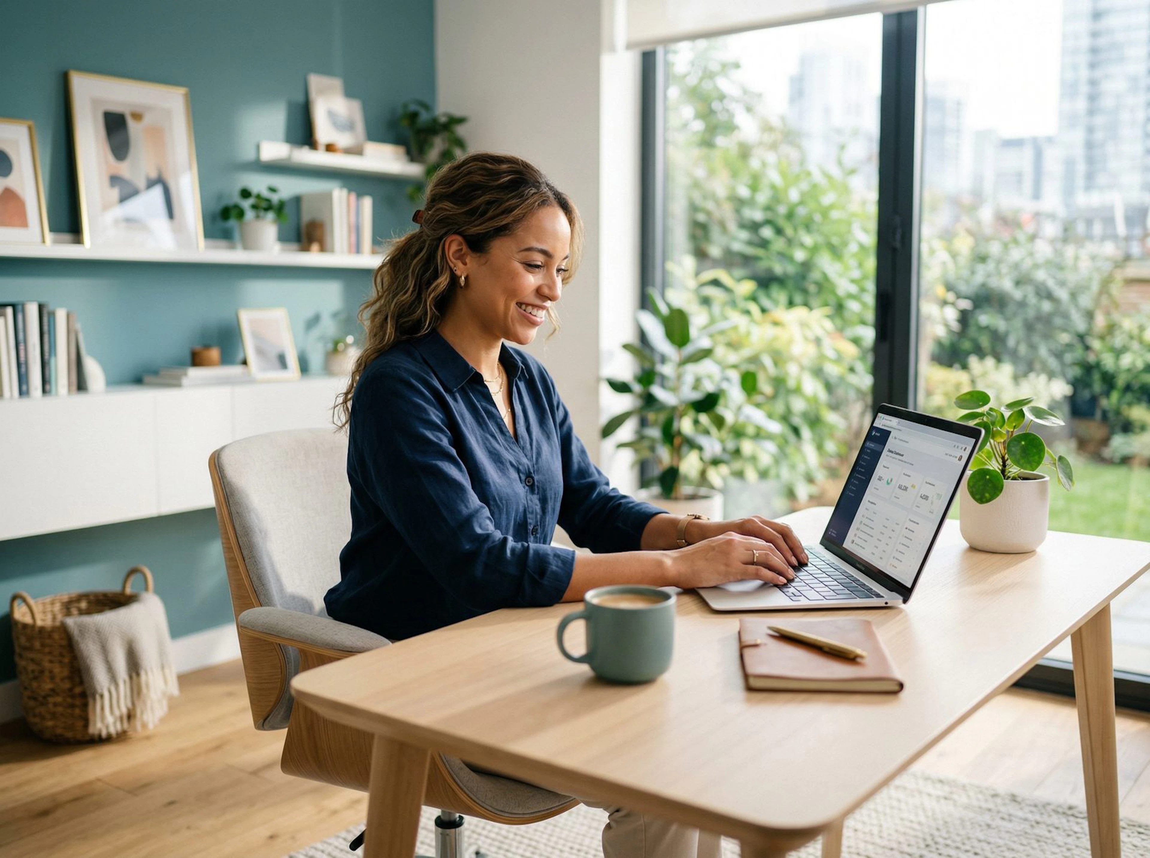 | Hero (Frau mit Headset am Laptop) | Freelancerin im Homeoffice mit Headset | Freelancer working from home with headset |