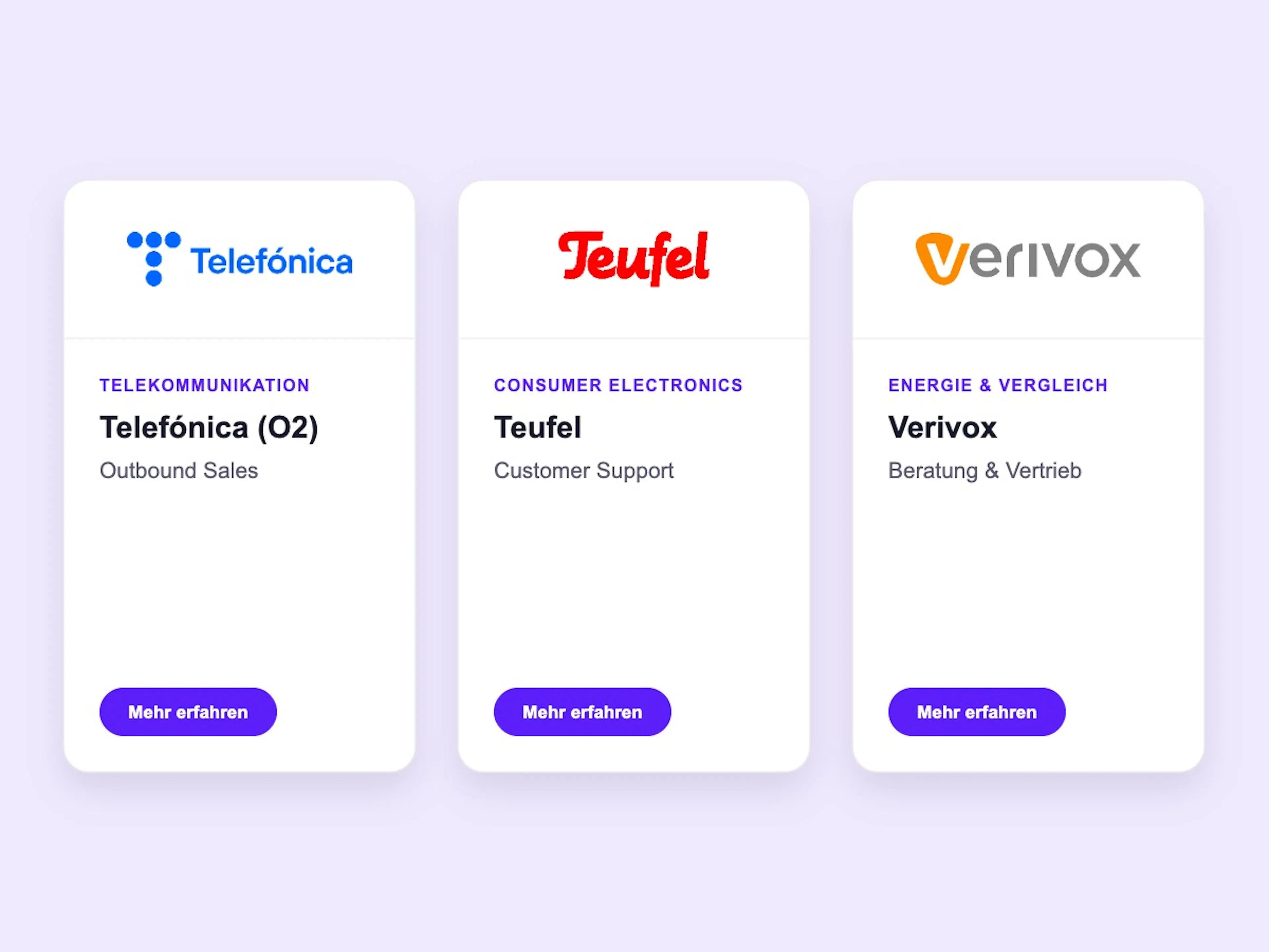 The three projects Telefónica, Teufel and Verivox as cards side by side