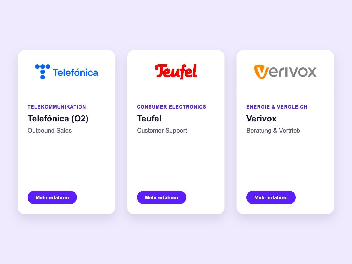 The three projects Telefónica, Teufel and Verivox as cards side by side