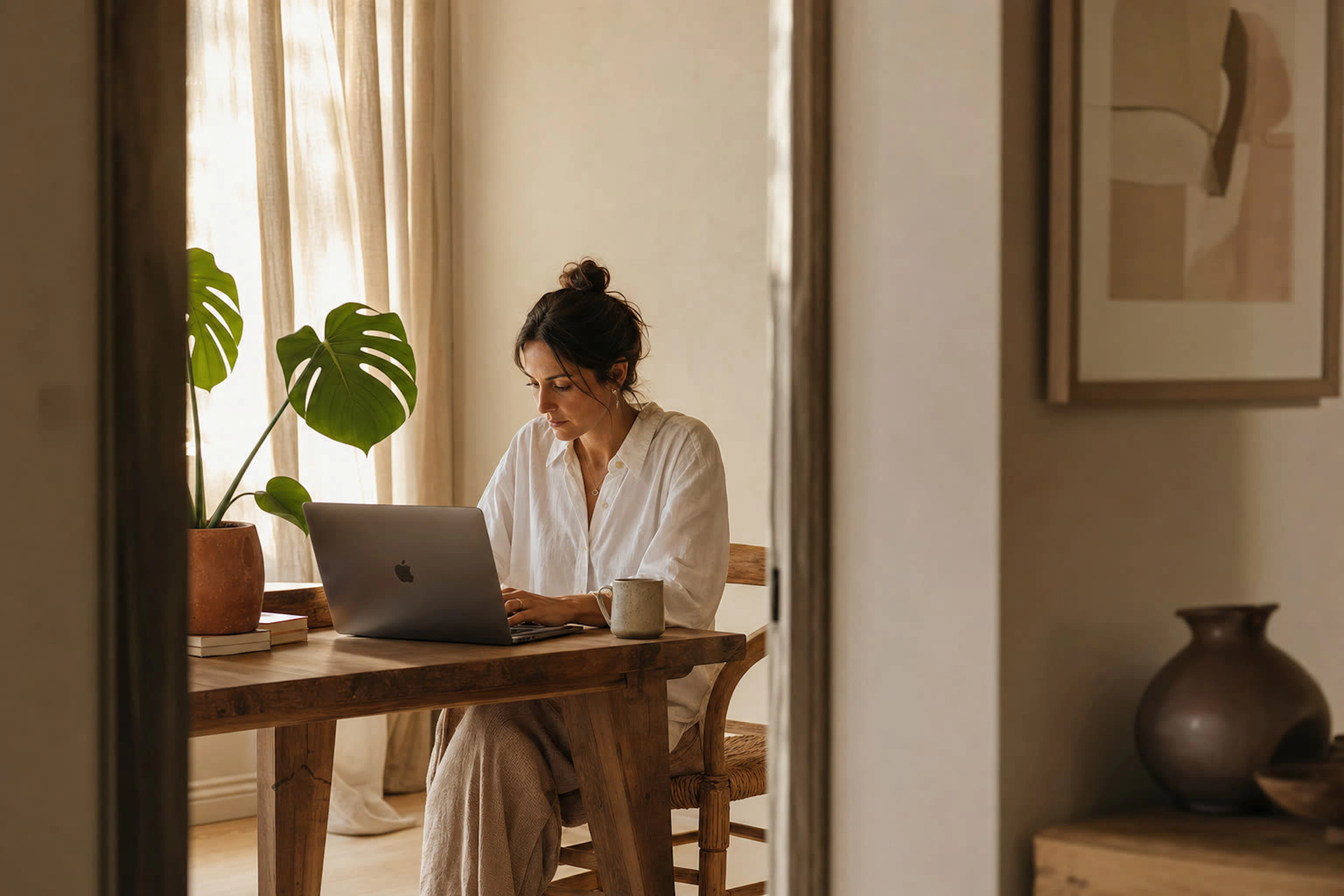 yoummday-Talent arbeitet entspannt am Laptop in heller mediterraner Umgebung