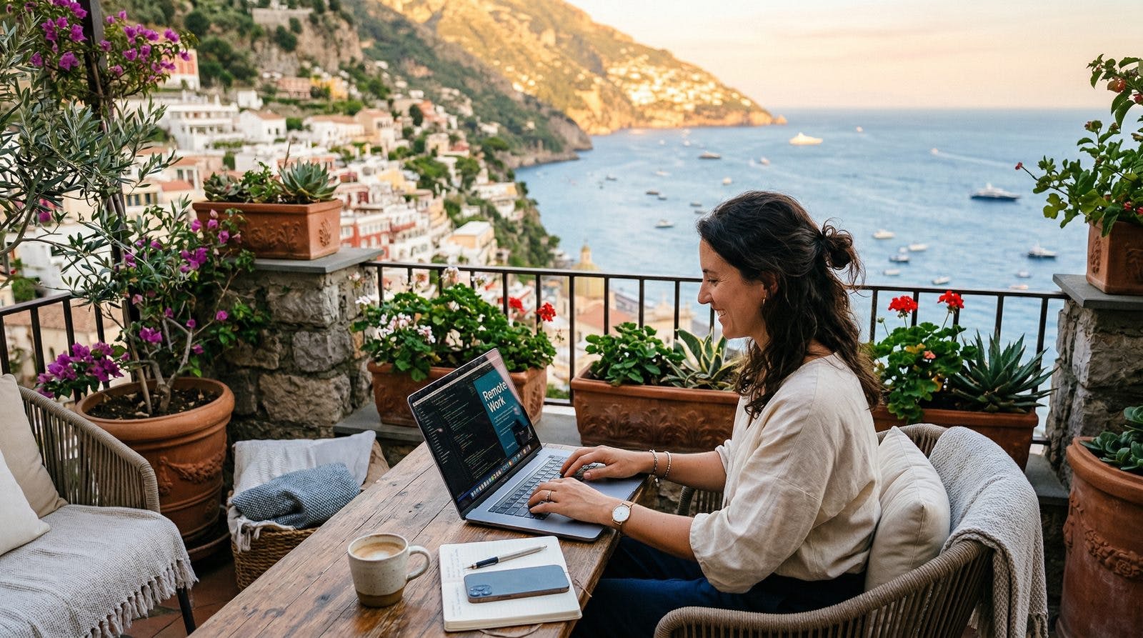 Freelancerin arbeitet remote mit Meerblick – maximale Flexibilität mit yoummday