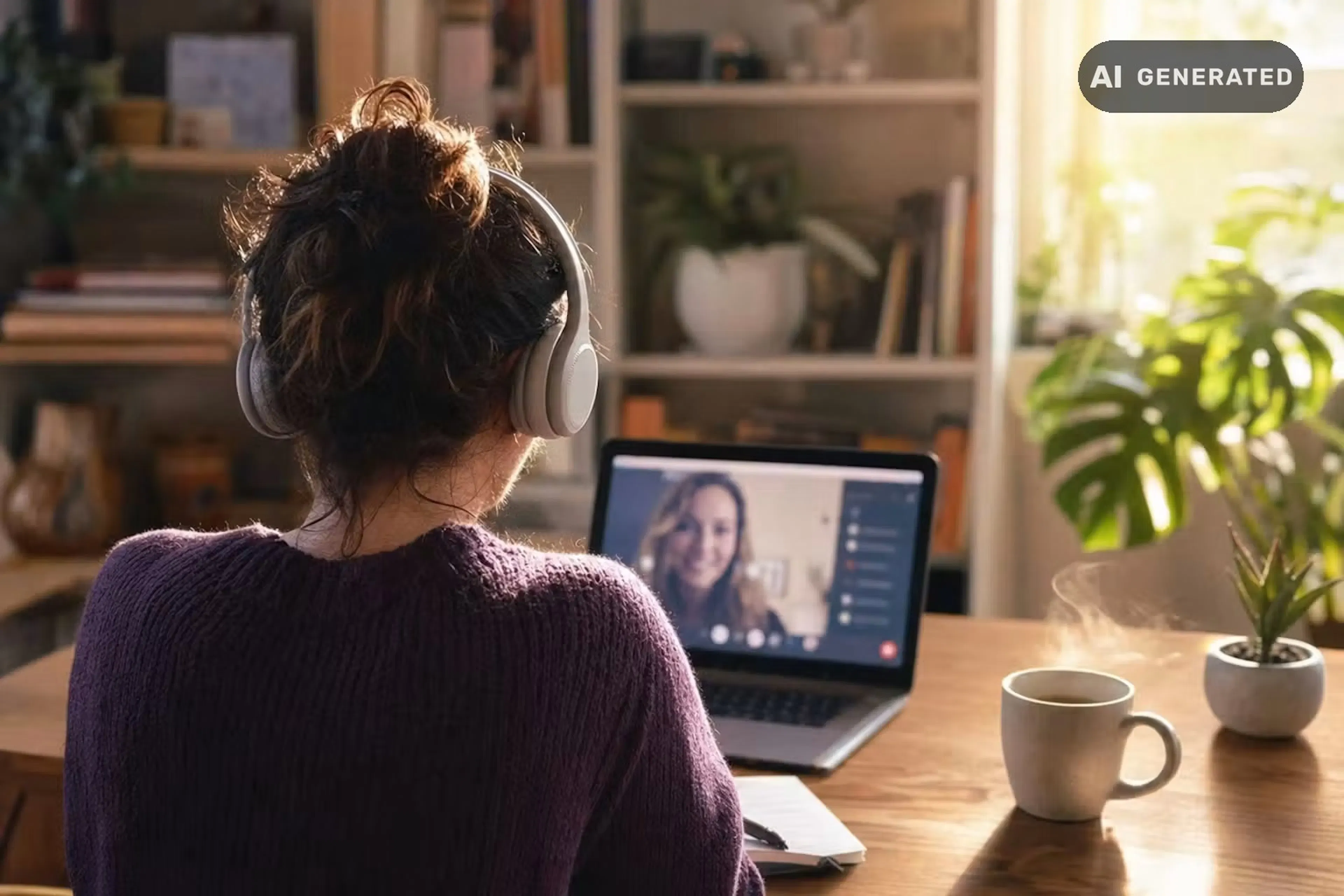 Talent mit Headset im freundlichen Video-Call – persönliches Onboarding-Gespräch mit yoummday (KI-generiert)