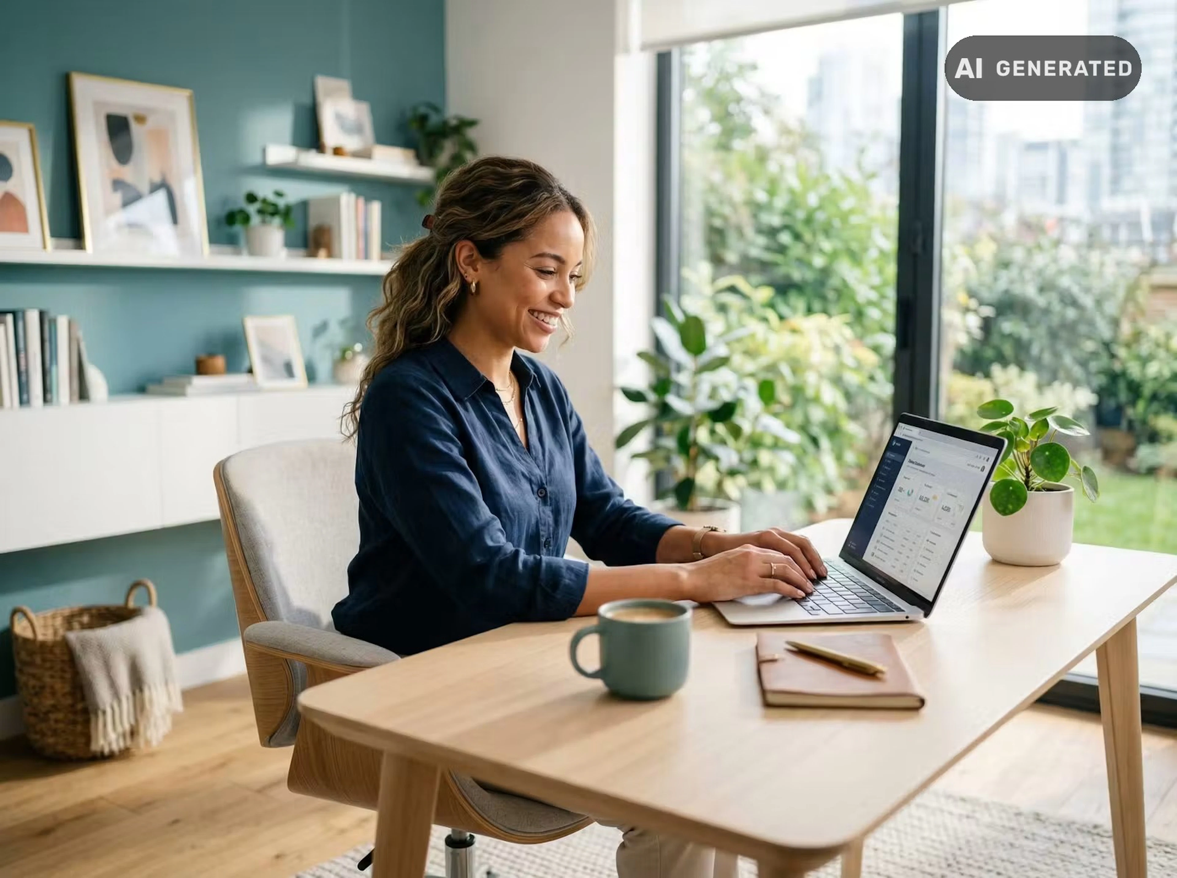 Freelancer with headset working from home on a laptop – yoummday (AI-generated)